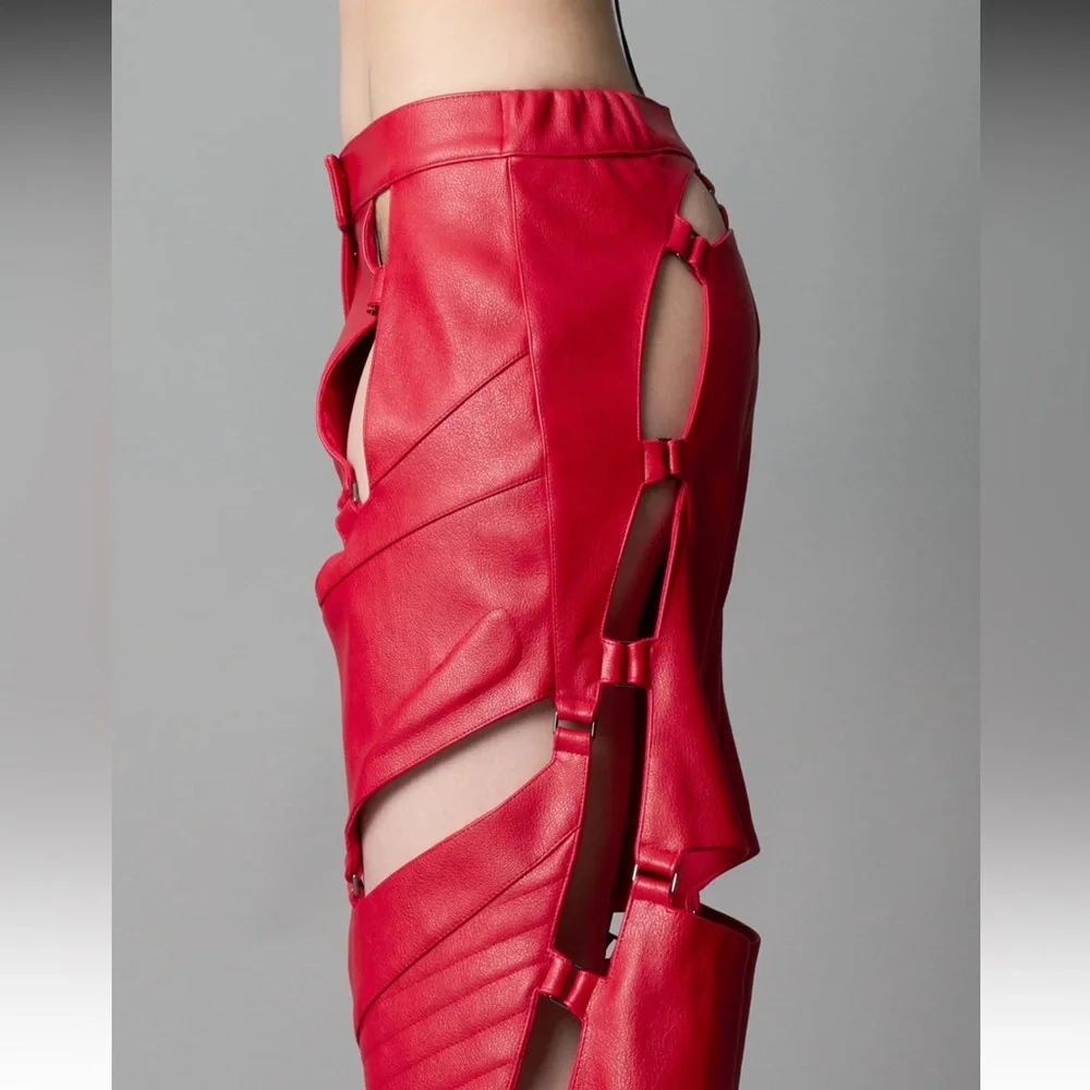 NWOT Namalia Red Cut-Out Wide Leg Pants - Picture 2 of 9